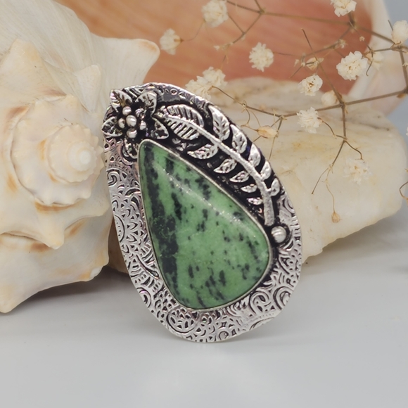 Genuine Green Ruby Zoisite /Anyolite/ Stone Silver 925 Ring - Picture 8 of 11